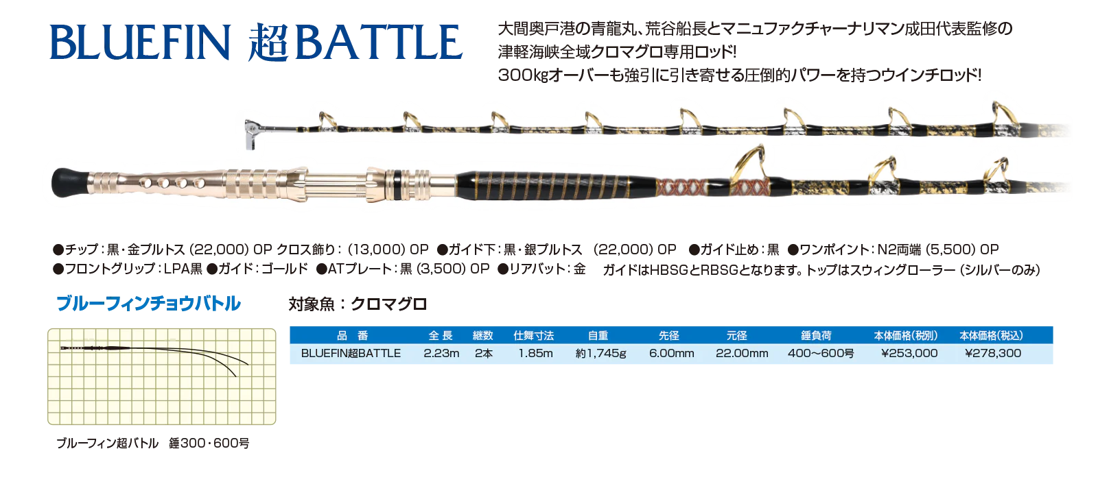 BLUEFIN超BATTLE ブルーフィン超バトル 大間奥戸港の青龍丸、荒谷船長とマニュファクチャーナリマン成田代表監修の津軽海峡全域クロマグロ専用ロッド。300kgオーバーも強引に引き寄せる圧倒的パワーを持つウインチロッド。 対象魚：クロマグロ