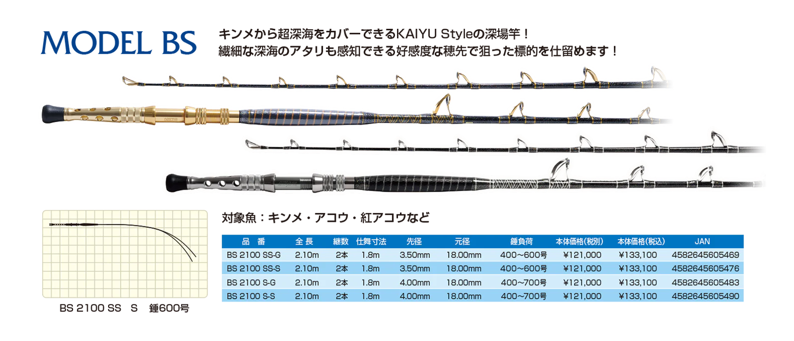 KAIYU MODEL BS
カイユウ モデルBS
キンメから超深海をカバーできるKAIYU Styleの深場竿！繊細な深海のアタリも感知できる高感度な穂先で狙った標的を仕留める！
対象魚：キンメ・アコウ・紅アコウなど